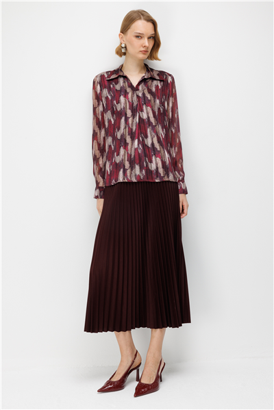 Ekol Desenli Polo Yaka Bluz Bordo