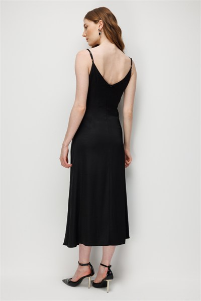Ekol Drape Detaylı Askılı Maxi Elbise SIYAH