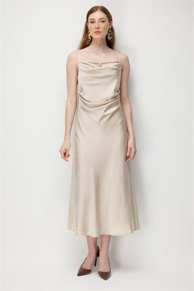 Ekol Drape Detaylı Askılı Maxi Elbise GOLD