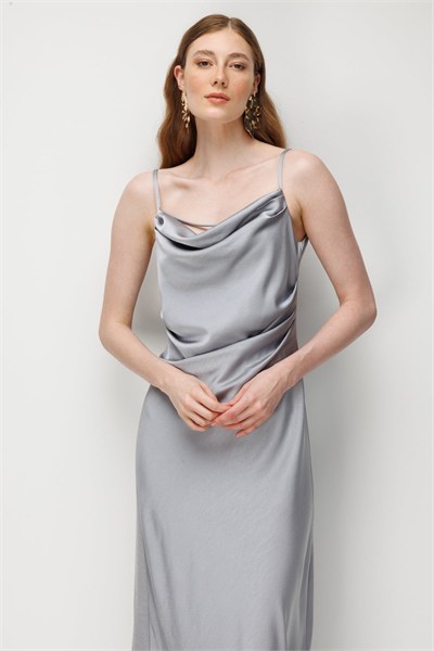 Ekol Drape Detaylı Askılı Maxi Elbise GUMUS