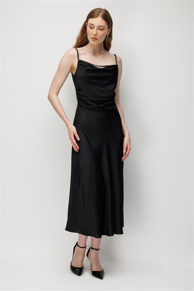 Ekol Drape Detaylı Askılı Maxi Elbise SIYAH