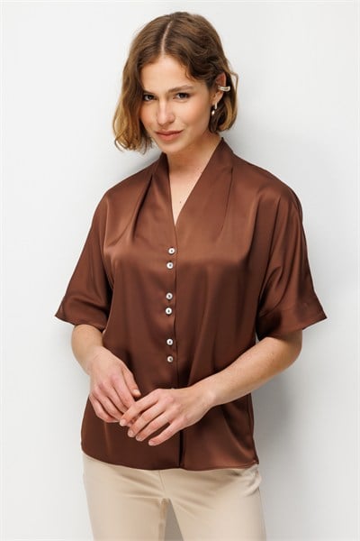 Ekol Drape Detaylı Kısa Kollu Bluz KAKAO
