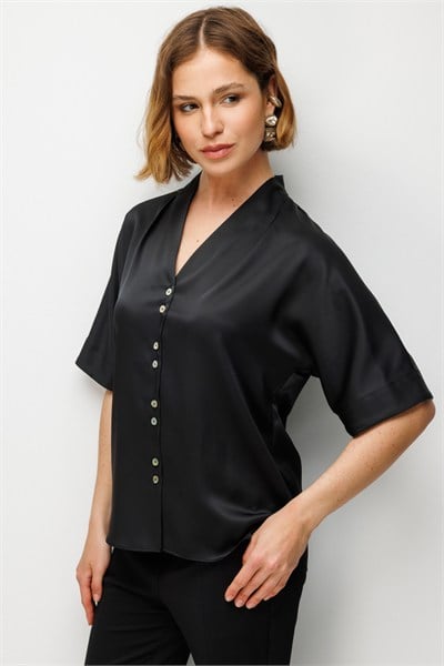 Ekol Drape Detaylı Kısa Kollu Bluz SIYAH