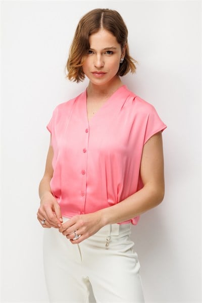 Ekol Drapeli V Yaka Kolsuz Bluz Pink