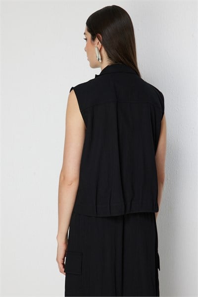 Ekol Fermuar Cepli Dik Yaka Yelek SIYAH