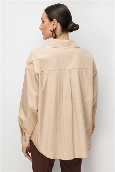 Ekol İşlemeli Oversize Pamuk Gömlek CAMEL