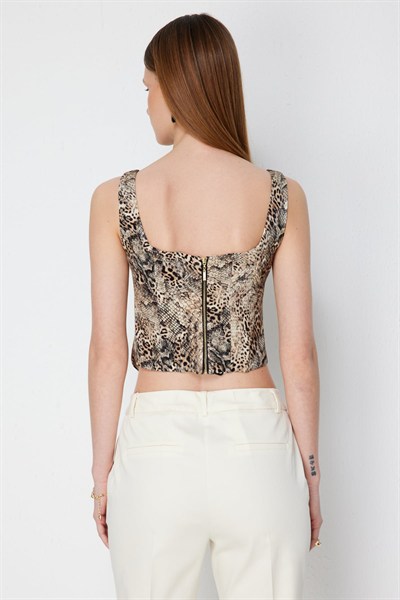 Ekol Kalın Askılı Korseli Crop Bluz LEOPAR