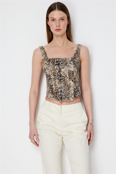 Ekol Kalın Askılı Korseli Crop Bluz LEOPAR