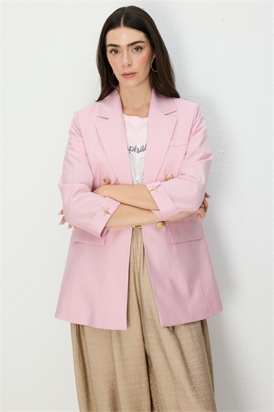 Ekol Kapak Cepli Duble Kol Ceket PEMBE
