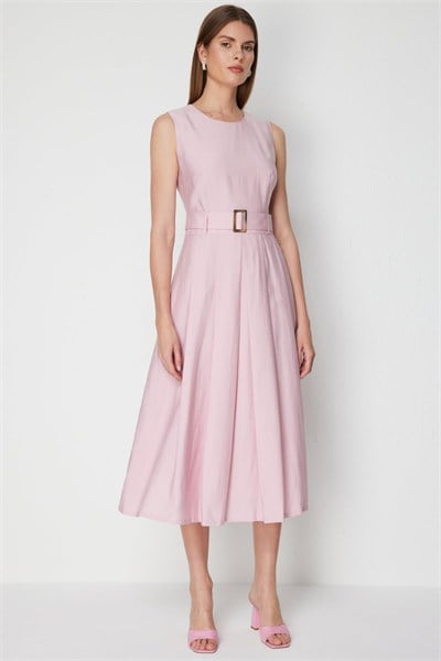 Ekol Kemerli Pile Detaylı Maxi Elbise PINK