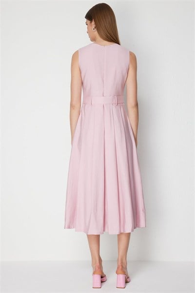 Ekol Kemerli Pile Detaylı Maxi Elbise PINK