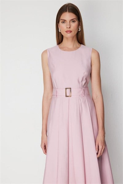 Ekol Kemerli Pile Detaylı Maxi Elbise PINK