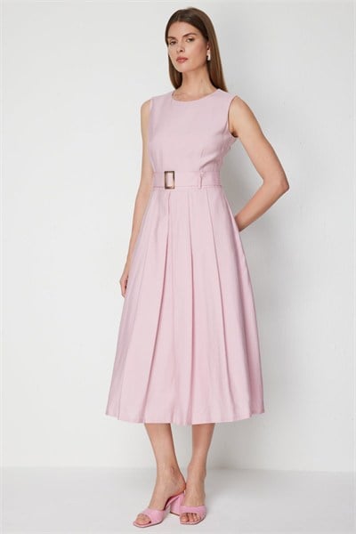 Ekol Kemerli Pile Detaylı Maxi Elbise PINK