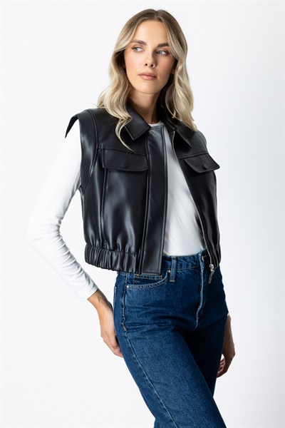 Ekol Kolsuz Deri Crop Yelek SIYAH
