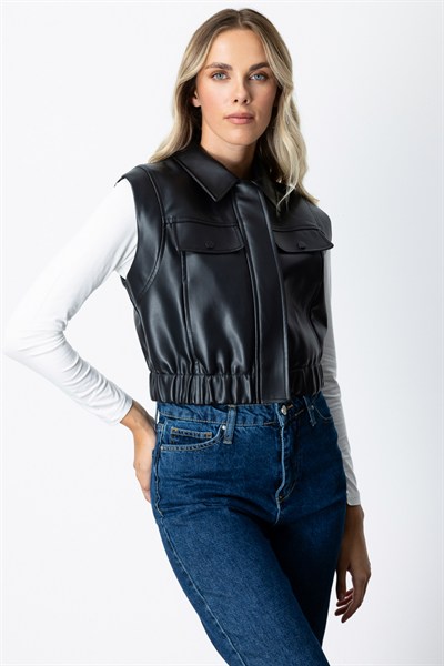Ekol Kolsuz Deri Crop Yelek SIYAH