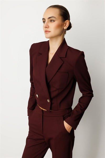 Ekol Kruvaze Yaka Crop Ceket BORDO