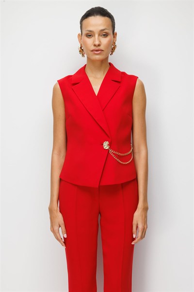 Ekol Kruvaze Yaka Zincir Aksesuarlı Yelek KIRMIZI