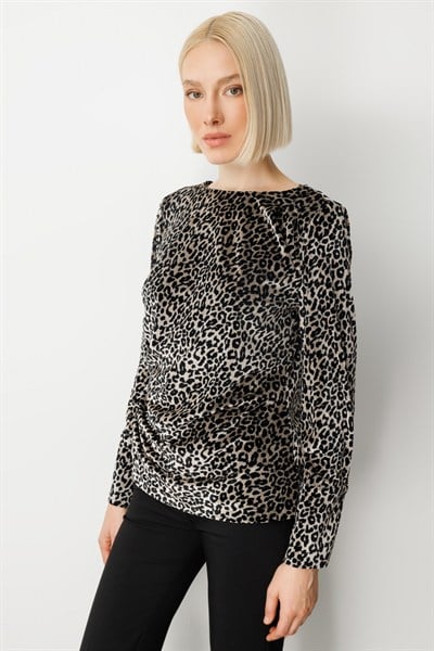 Ekol Leopar Desenli Kadife Bluz SIYAH