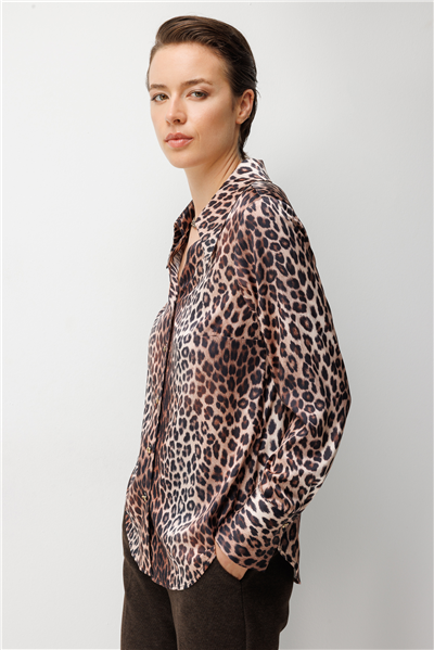 Ekol Leopar Desenli Saten Gömlek Leopar