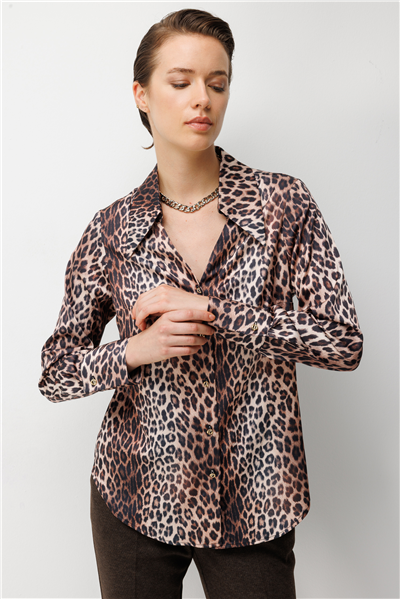 Ekol Leopar Desenli Saten Gömlek Leopar