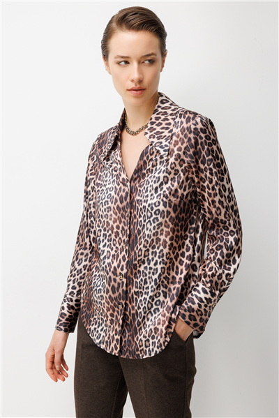Ekol Leopar Desenli Saten Gömlek Leopar