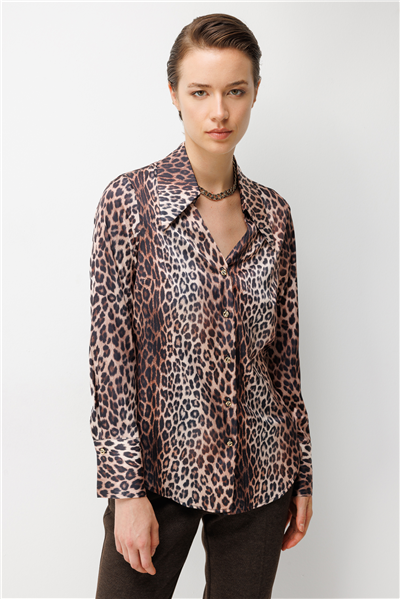 Ekol Leopar Desenli Saten Gömlek Leopar
