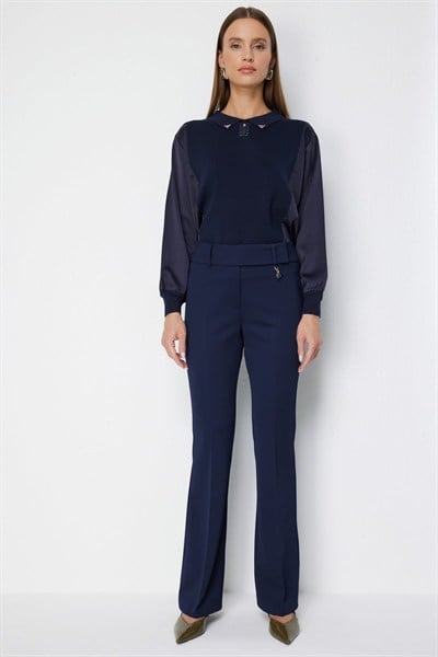 Ekol Metal Aksesuarlı İspanyol Paça Pantolon LACIVERT