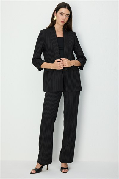 Ekol Simli Çizgi Desenli Kapak Cepli Ceket SIYAH
