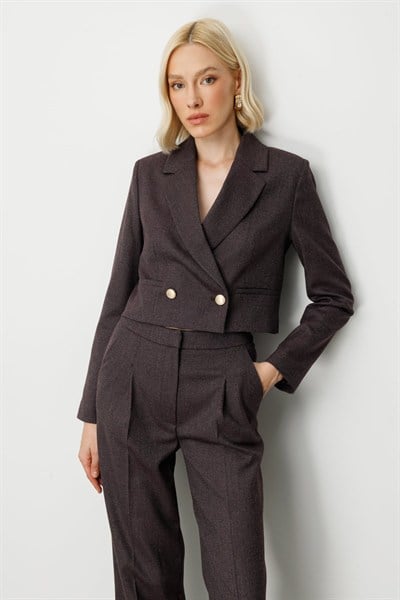 Ekol Simli Kumaş Crop Ceket BORDO