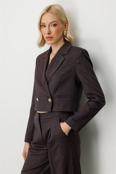 Ekol Simli Kumaş Crop Ceket BORDO
