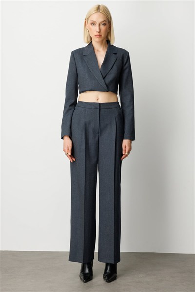 Ekol Simli Kumaş Wide Leg Pantolon Lacivert
