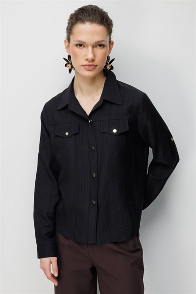 Ekol Süs Cep Detaylı Çıtçıtlı Bluz SIYAH