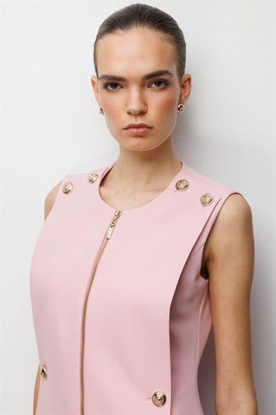 Ekol Süs Düğmeli Fermuarlı Midi Elbise Pembe