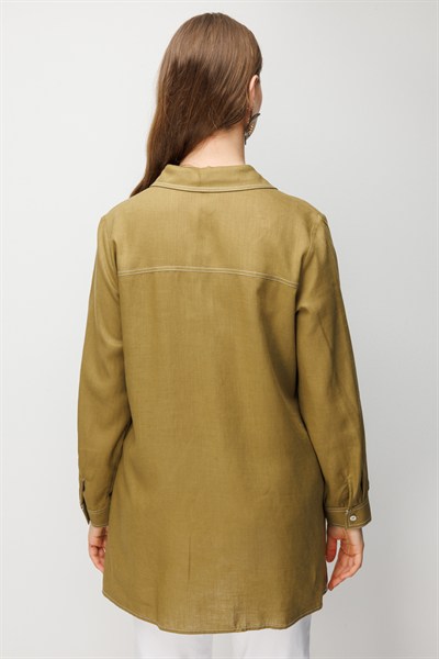 Ekol Torba Cepli Polo Yaka Keten Gömlek OLIVE