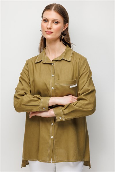 Ekol Torba Cepli Polo Yaka Keten Gömlek OLIVE
