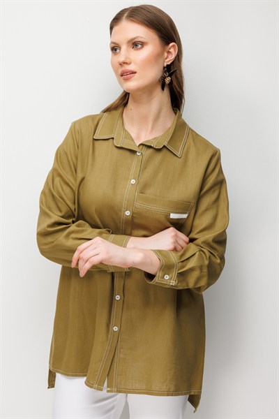 Ekol Torba Cepli Polo Yaka Keten Gömlek OLIVE