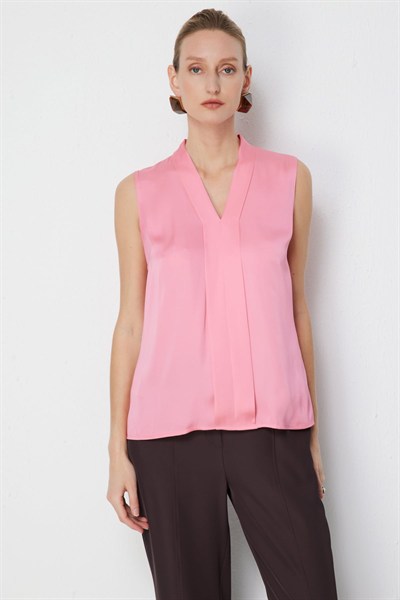 Ekol V Yaka Kolsuz Bluz PINK