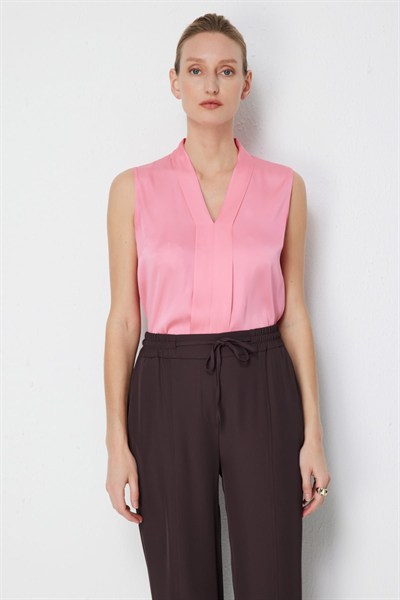 Ekol V Yaka Kolsuz Bluz PINK