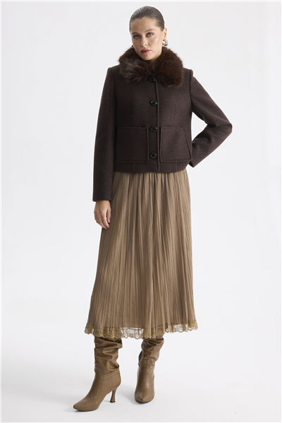 Ekol Yakası Kürklü Torba Cepli Kaşe Mont Kahve