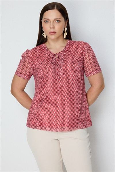 Ekol Yakası Taşlı Bağcıklı Desenli Bluz MERCAN