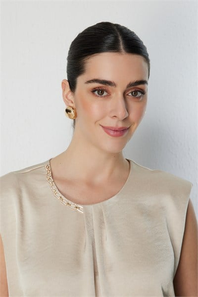 Ekol Zincir Aksesuarlı Drape Detaylı Bluz GOLD