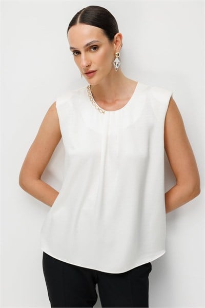 Ekol Zincir Aksesuarlı Drape Detaylı Bluz EKRU