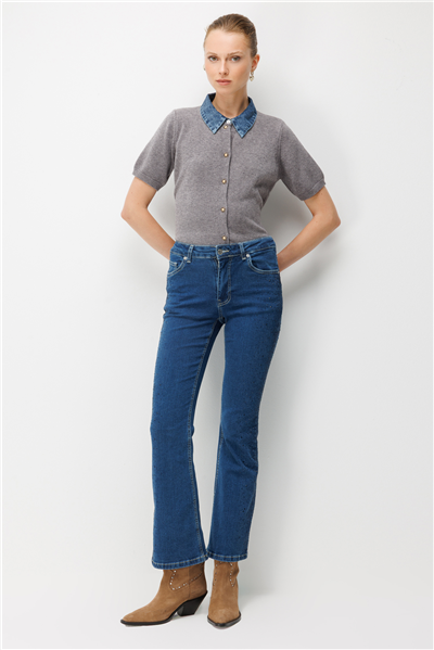 Mi Taşlı İspanyol Paça Kot Pantolon INDIGO