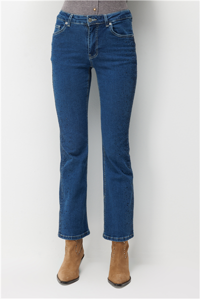 Mi Taşlı İspanyol Paça Kot Pantolon INDIGO
