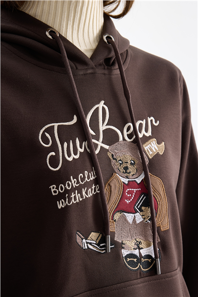 On Ayıcık Baskılı Kapüşonlu Sweatshirt Kahve