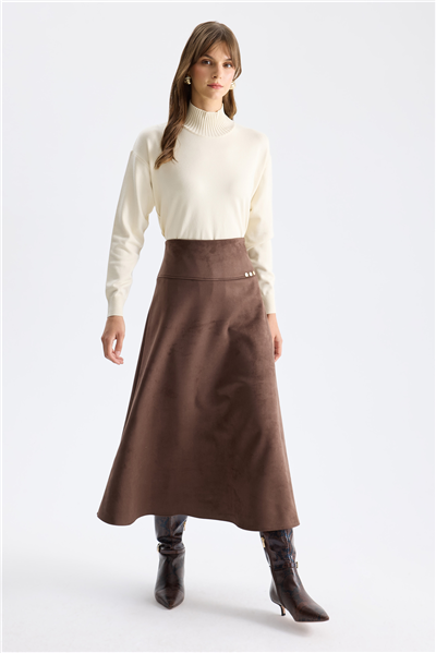 On Zımba Detaylı Midi Süet Etek Kahve
