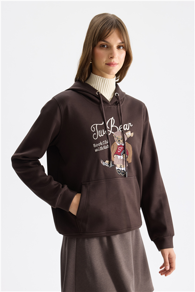 On Ayıcık Baskılı Kapüşonlu Sweatshirt Kahve