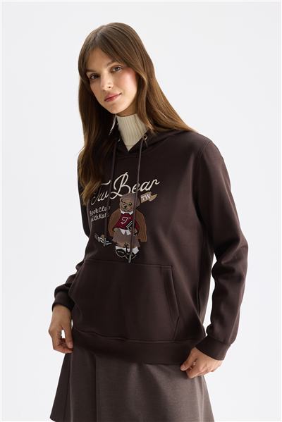 On Ayıcık Baskılı Kapüşonlu Sweatshirt Kahve