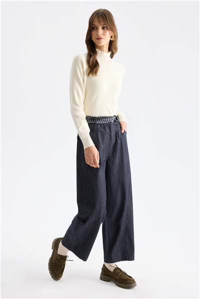 On Beli Lastikli Kemerli Pantolon Lacivert