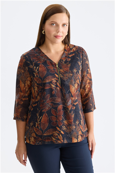 Mi Fermuarlı V Yaka Desenli Bluz Lacivert